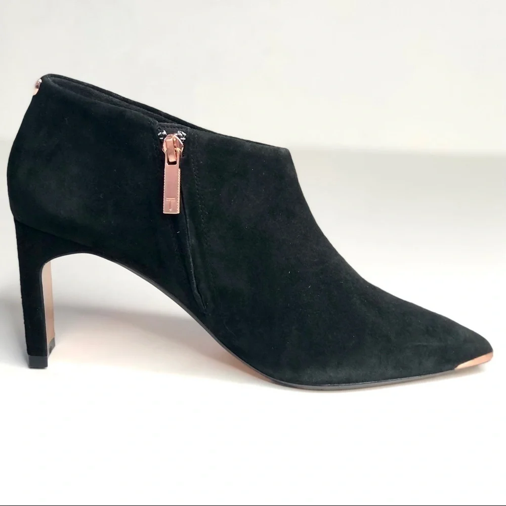 Ted Baker Leiyla black suede ankle booties pointy toe copper rose gold hardware